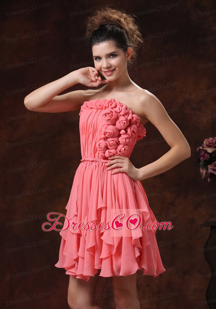 Watermelon Hand Made Flowers and Strapless For Custom Made Prom Dress