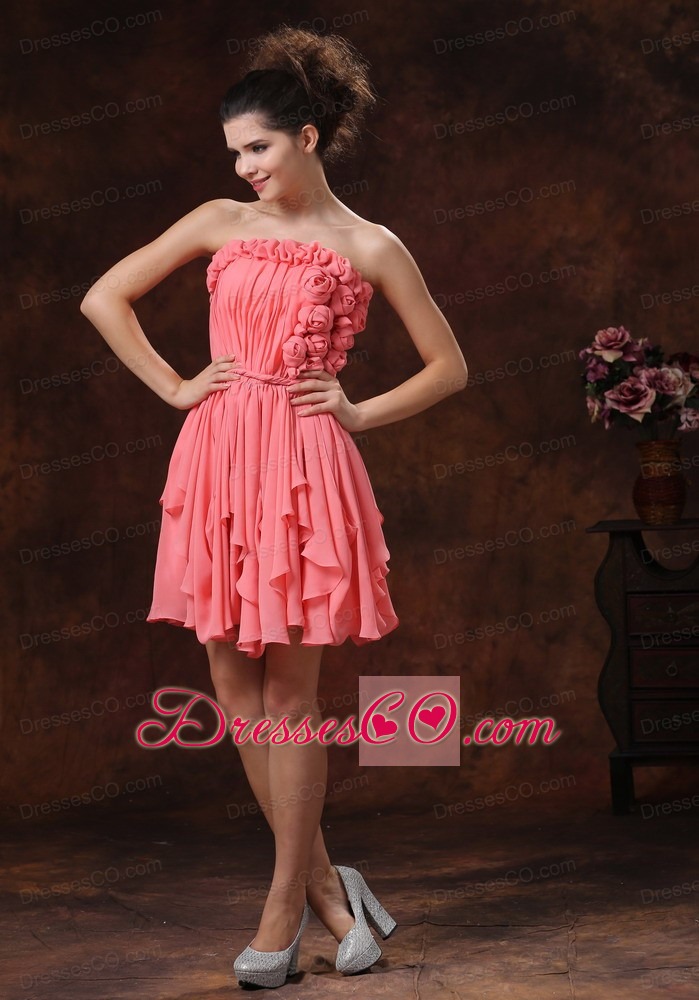 Watermelon Hand Made Flowers and Strapless For Custom Made Prom Dress