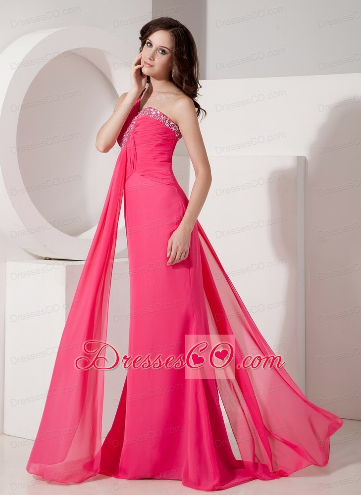 Popular Hot Pink Column Evening Dress One Shoulder Chiffon Beading Long