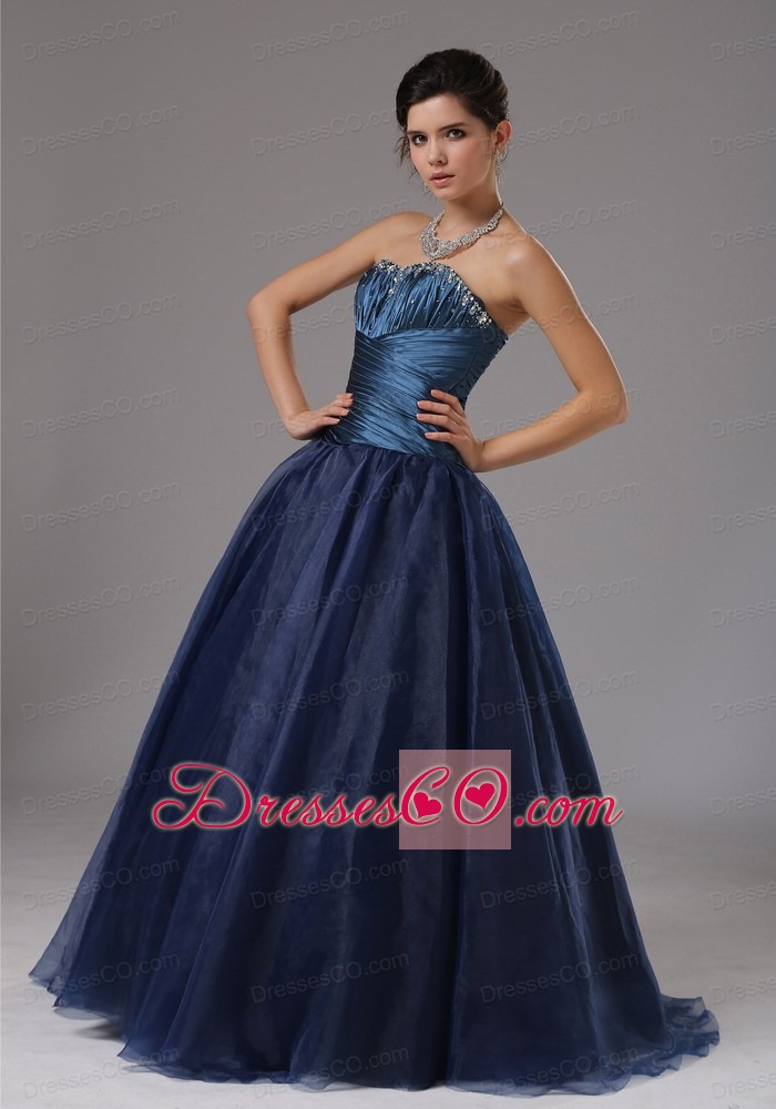 Beaded Decorate A-line Blue Strapless Organza Prom Dress