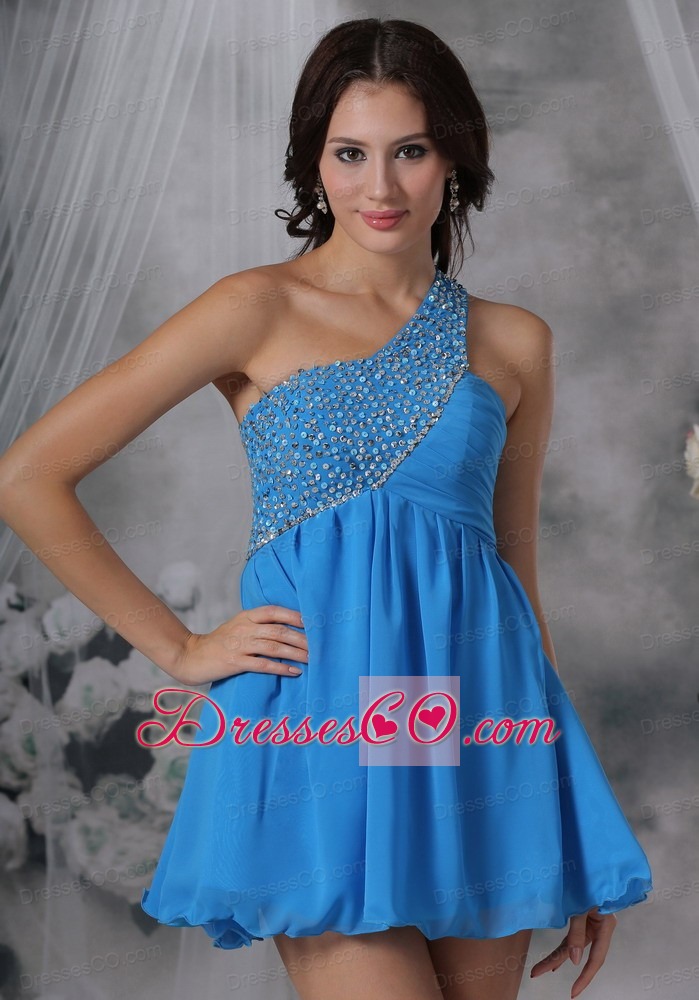 Beaded Decorate One Shoulder Mini-length Chiffon Blue For Prom / Cocktail Dress