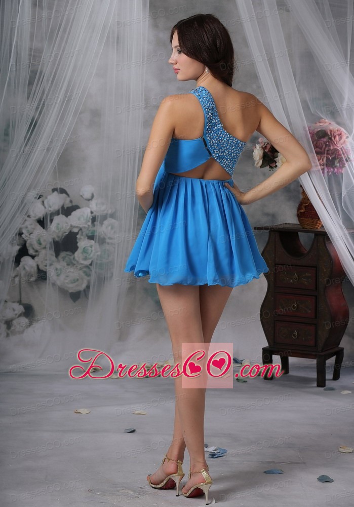 Beaded Decorate One Shoulder Mini-length Chiffon Blue For Prom / Cocktail Dress