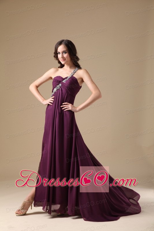 Elegant Dark Purple Empire One Shoulder Prom Dress Chiffon Beading