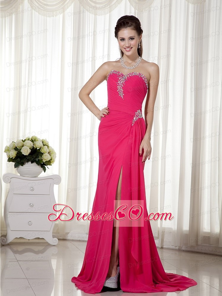 Hot Pink Column / Sheath Brush Train Chiffon Beading Prom Dress