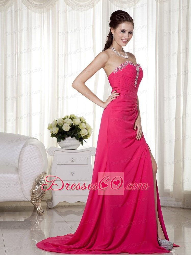 Hot Pink Column / Sheath Brush Train Chiffon Beading Prom Dress