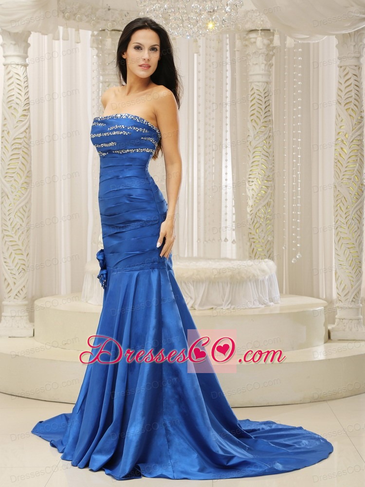 Mermaid Royal Blue and Court Train For Prom Dress Beaded Decorate Bust Hand Made Flowers