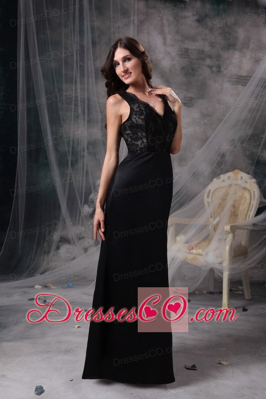Elegant Black Evening Dress Column V-neck Satin Lace Long