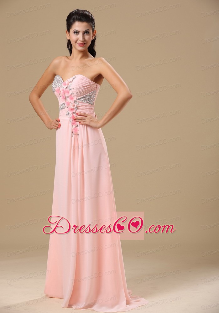 West Plains Beading and Hand Made Flowers Decorate Up Bodice Light Pink Chiffon Prom Dress For 2013