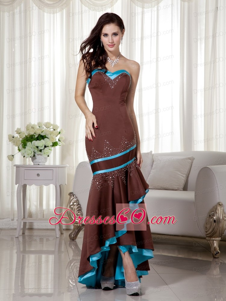 Brown and Blue Mermaid Satin Prom Dress with Asymmetrical Beading