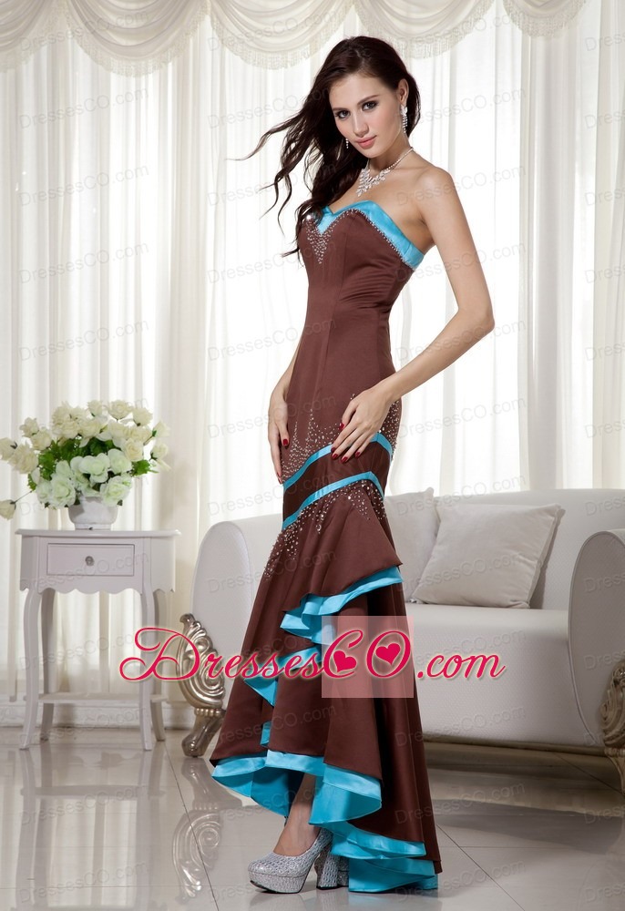 Brown and Blue Mermaid Satin Prom Dress with Asymmetrical Beading