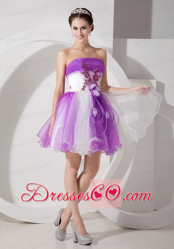 Cute Purple And White Cocktail Dress A-line Strapless Organza Hand Made Flowers Mini-length