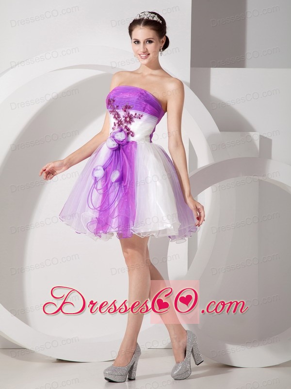 Cute Purple And White Cocktail Dress A-line Strapless Organza Hand Made Flowers Mini-length