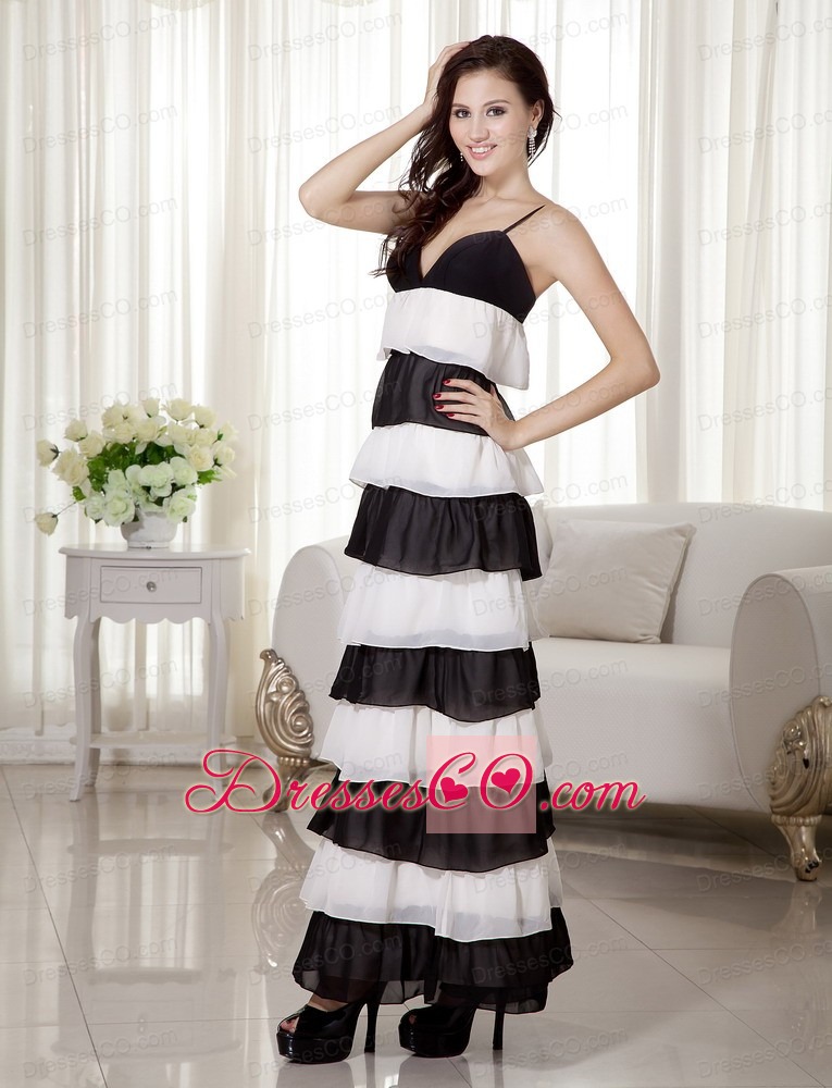 White And Black Empire Spaghetti Straps Ankle-length Chiffon Prom Dress