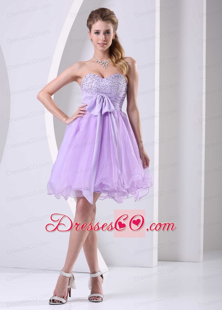 Lilac Beaded Chiffon Sash Short Dress For Prom / Cocktail Knee-length Organza