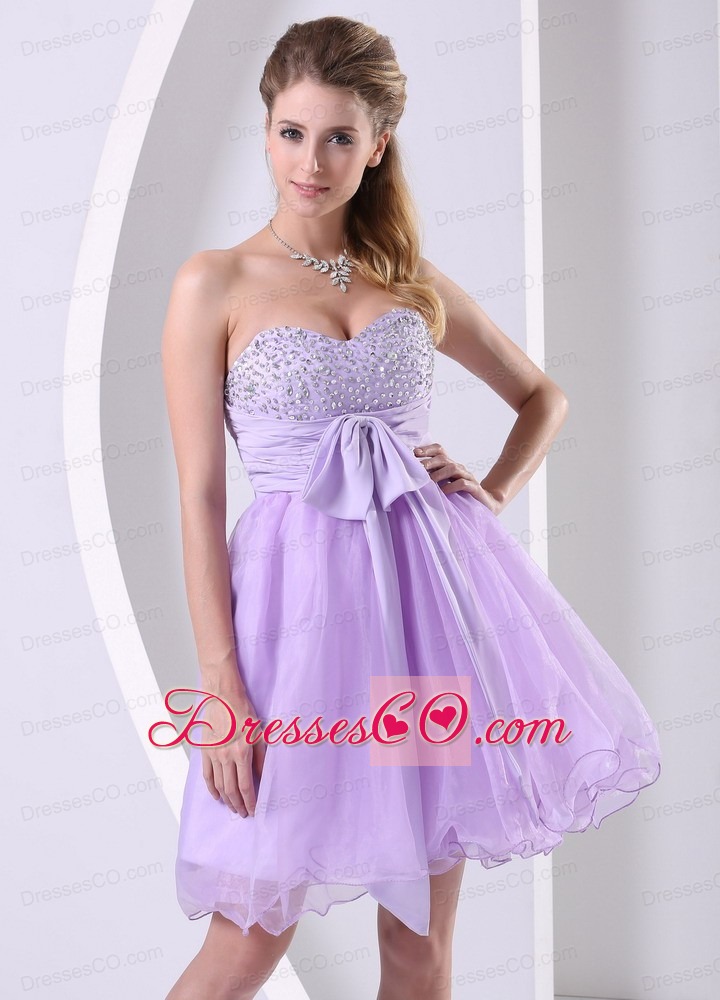 Lilac Beaded Chiffon Sash Short Dress For Prom / Cocktail Knee-length Organza