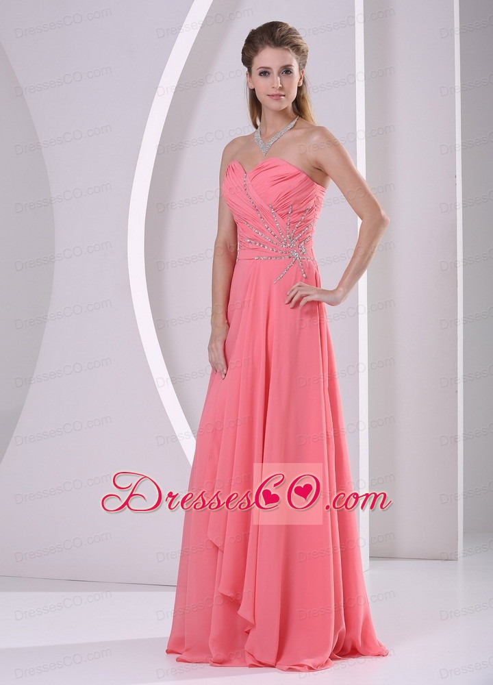 Watermelon Red Beaded and Ruched Chiffon Dress For Prom Party