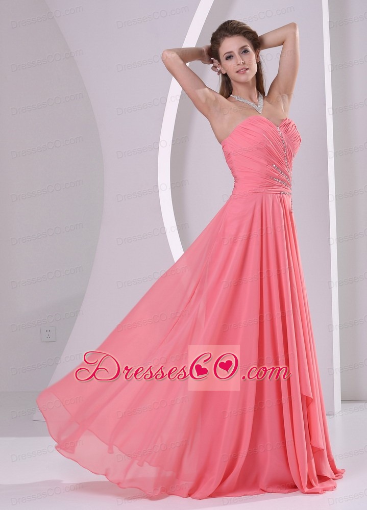 Watermelon Red Beaded and Ruched Chiffon Dress For Prom Party