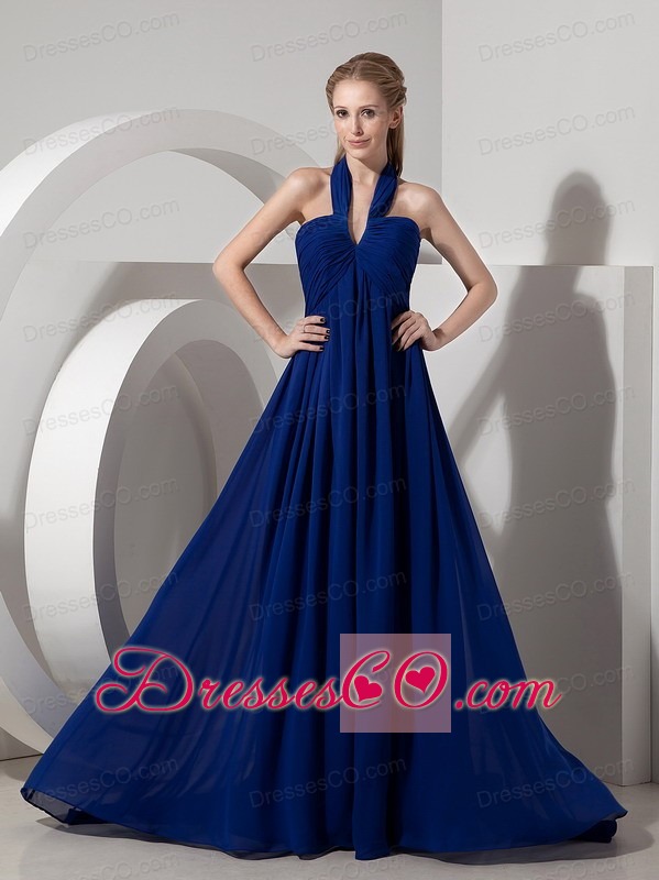 Cheap Sexy Navy Blue Halter top Watteau Train Prom Dress