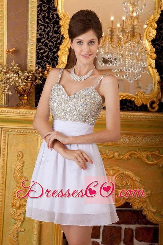 Lovely A-line Straps Mini-length Chiffon Beading White Prom / Cocktail Dress
