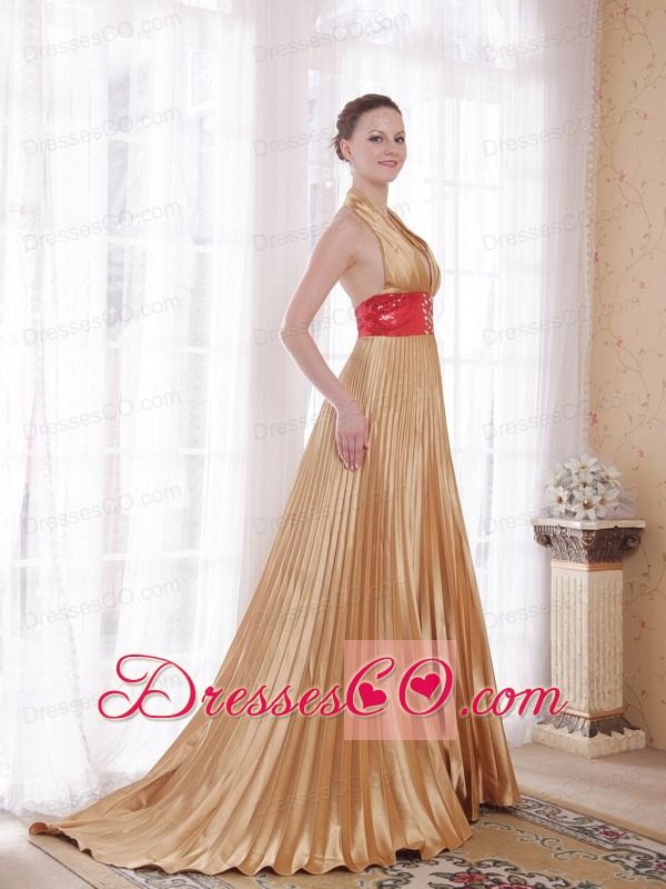 Popular Gold Empire Halter Brush Train Elastic Woven Satin Rhinestones Prom Dress