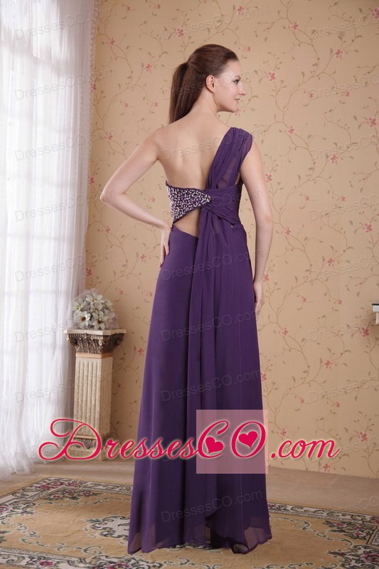 Purple Empire One Shoulder Long Chiffon Beading And Ruche Prom Dress