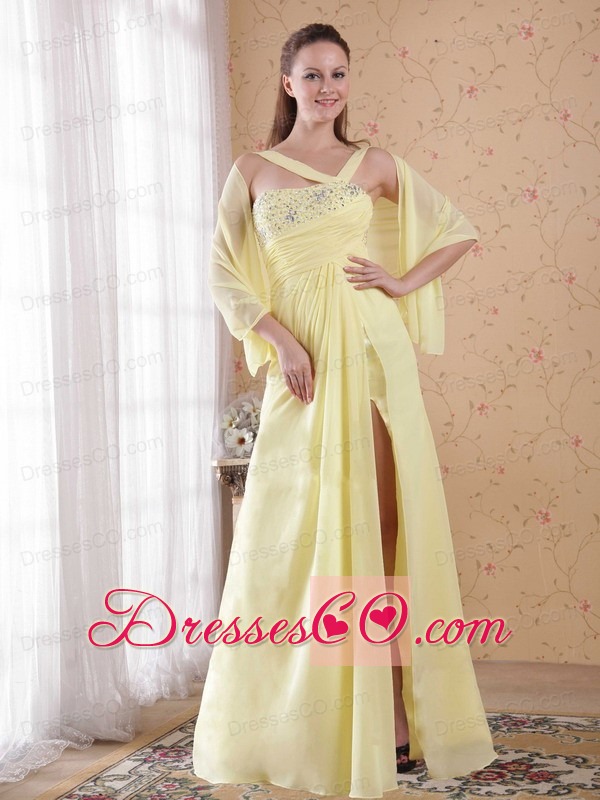 Light Yellow Empire Asymmetrical Long Chiffon Beading And Rhinestones Prom / Evening Dress