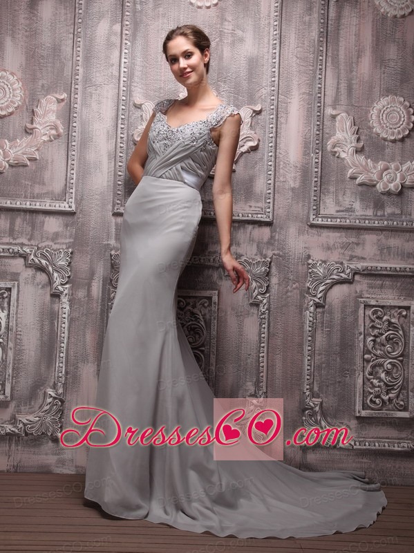 Gray Empire V-neck Brush Train Chiffon Beading Prom / Evening Dress