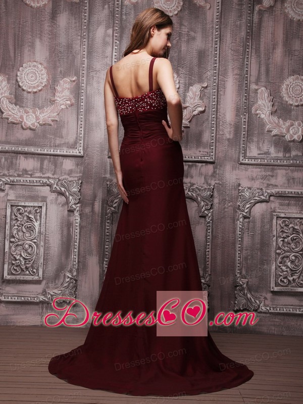 Burgundy Column V-neck Brush Train Chiffon Beading Prom / Evening Dress