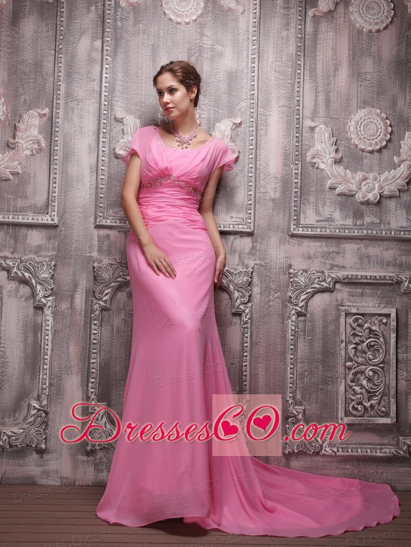 Rose Pink Empire V-neck Brush Train Chiffon Beading Prom / Evening Dress