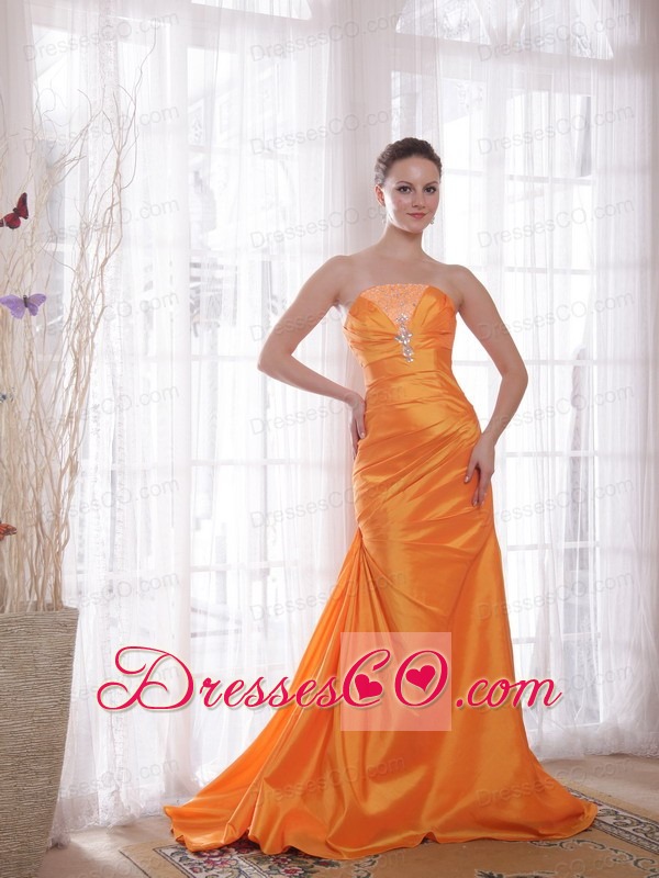 Orange Column / Sheath Strapless Sweep / Brush Train Taffeta Beading Prom Dress