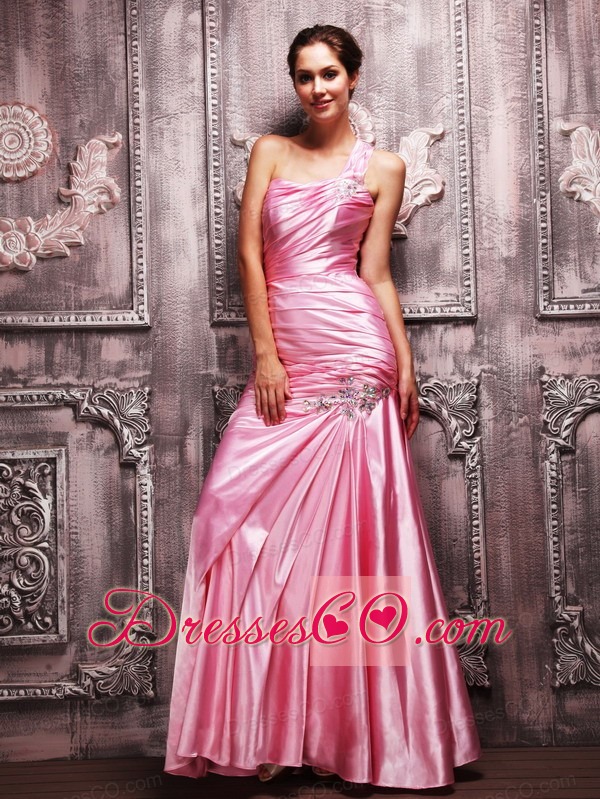 Rose Pink Column One Shoulder Long Taffeta Beading And Ruche Prom Dress