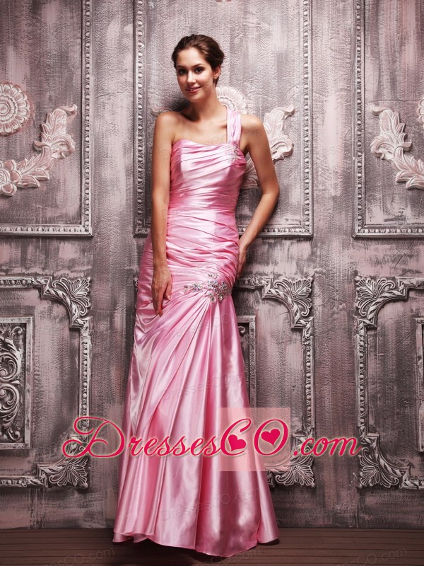 Rose Pink Column One Shoulder Long Taffeta Beading And Ruche Prom Dress