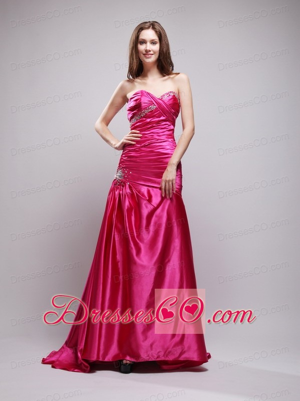 Hot Pink Beading and Ruche Prom Dress Column Brush Train