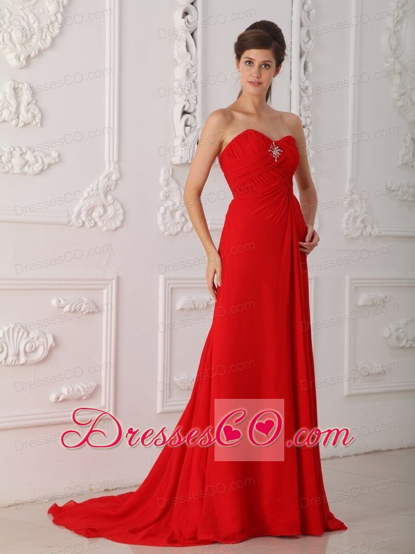 Red Column / Sheath Sweep / Brush Train Chiffon Beading Prom Dress