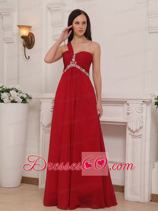Red Empire One Shoulder Long Chiffon Beading And Rush Prom Dress
