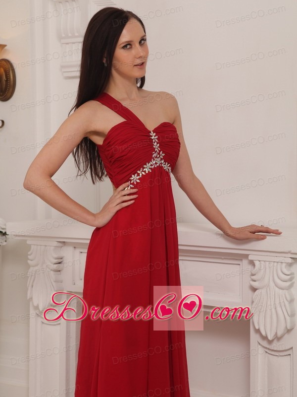 Red Empire One Shoulder Long Chiffon Beading And Rush Prom Dress