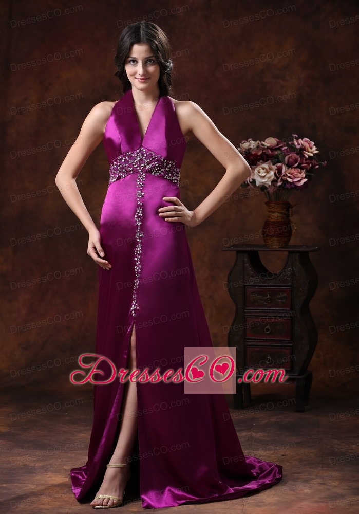 New Style Hot  High Slit Prom Dress With Fuchsia Halter Brush Train Beaded Decorate On Satin