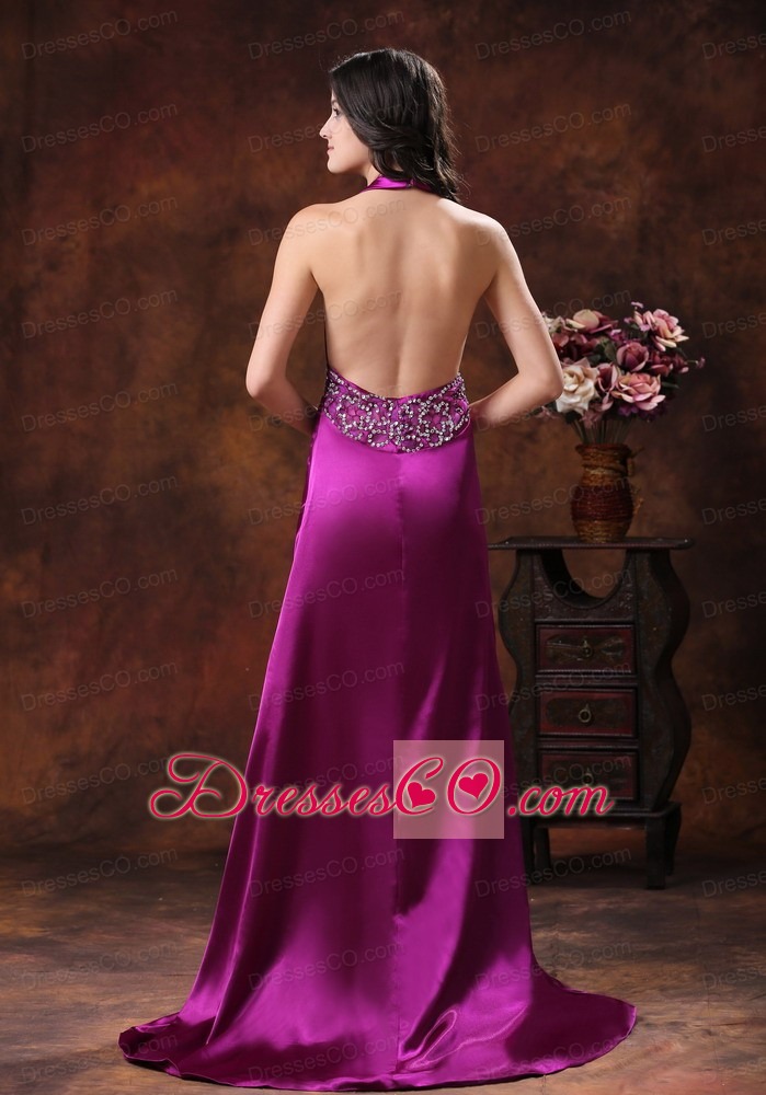 New Style Hot  High Slit Prom Dress With Fuchsia Halter Brush Train Beaded Decorate On Satin