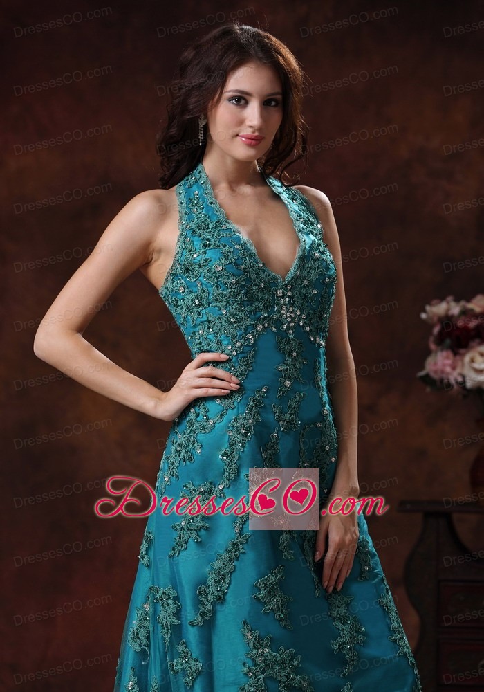 Halter Turquoise Brush Train Prom Dress With Appliques Decorate