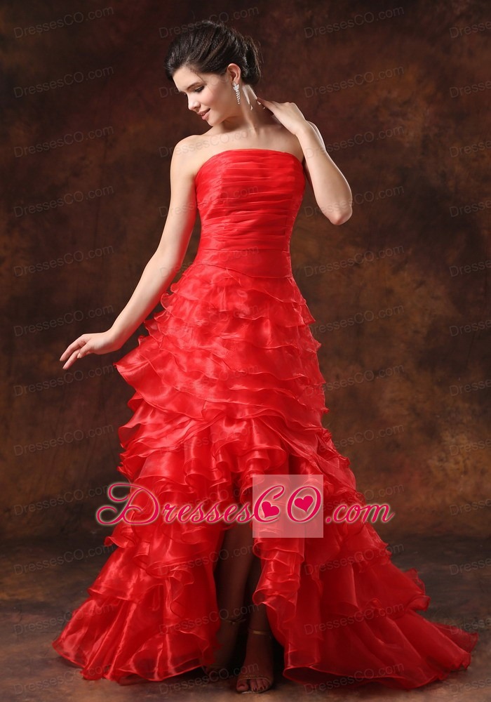 High Slit Red Ruffled Layers Ruched Bodice For Prom Dress