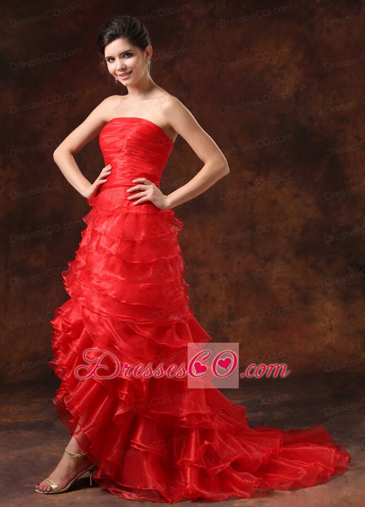 High Slit Red Ruffled Layers Ruched Bodice For Prom Dress