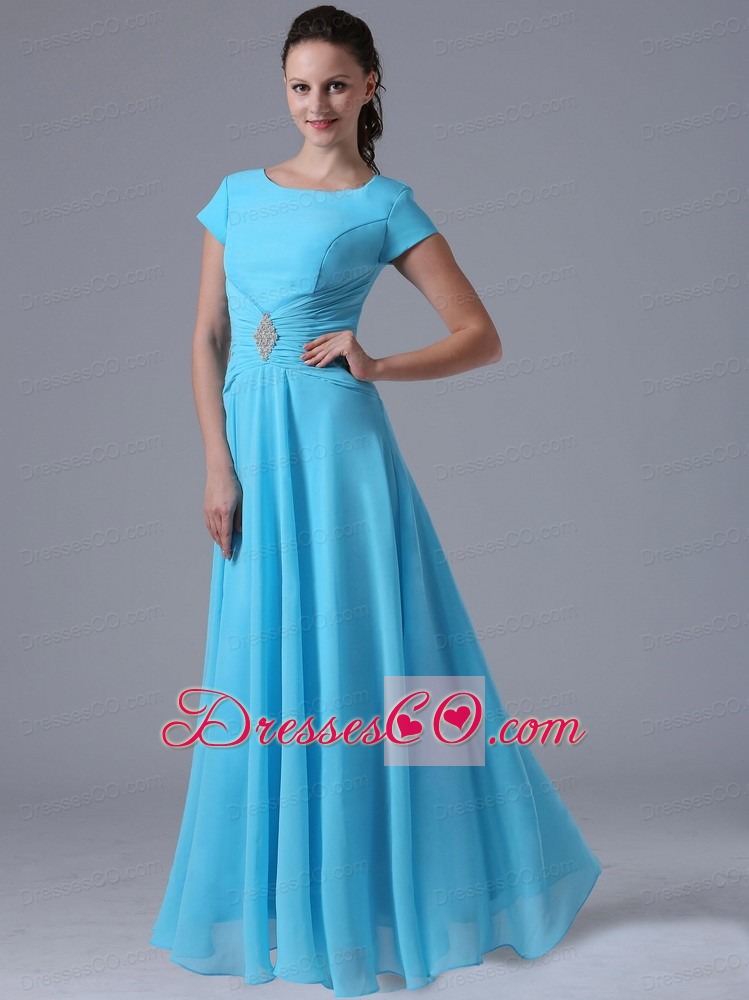 Aqua Blue Scoop Prom Dress With Beading and Ruche
