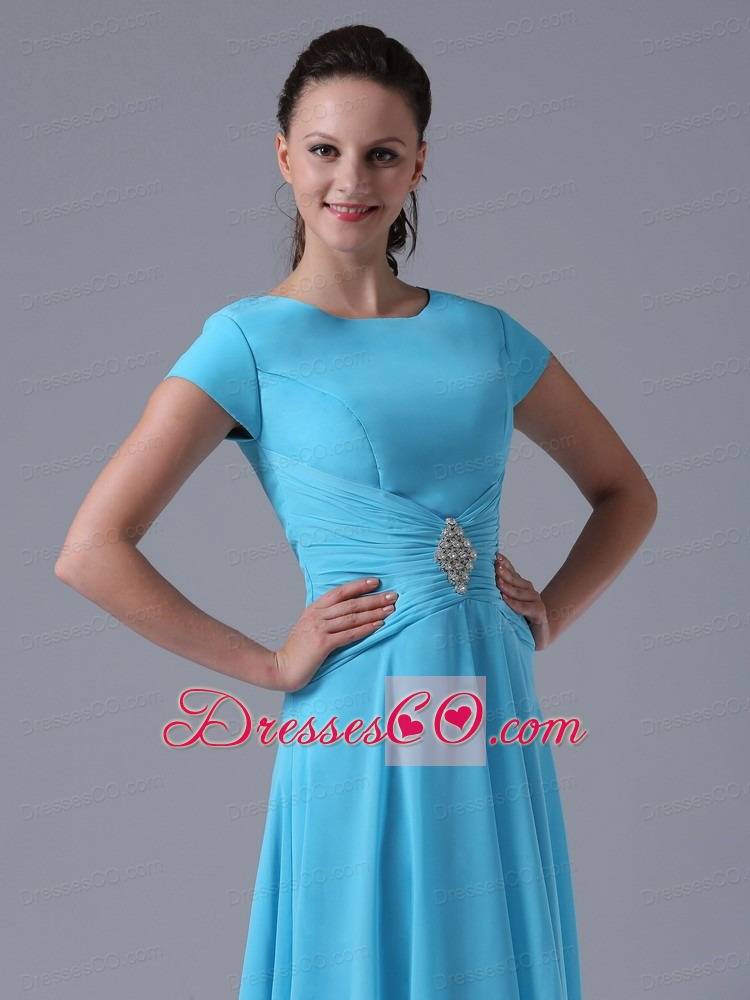 Aqua Blue Scoop Prom Dress With Beading and Ruche