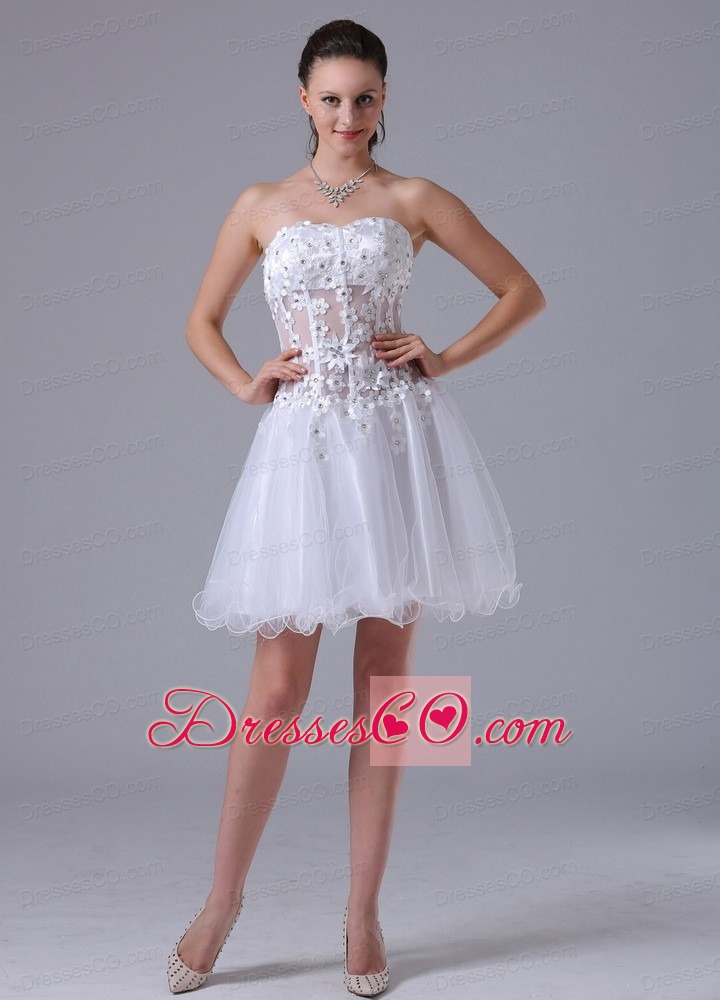 White A-line Straps Appliques Decorate Bust Prom Cocktail Dress With Beading