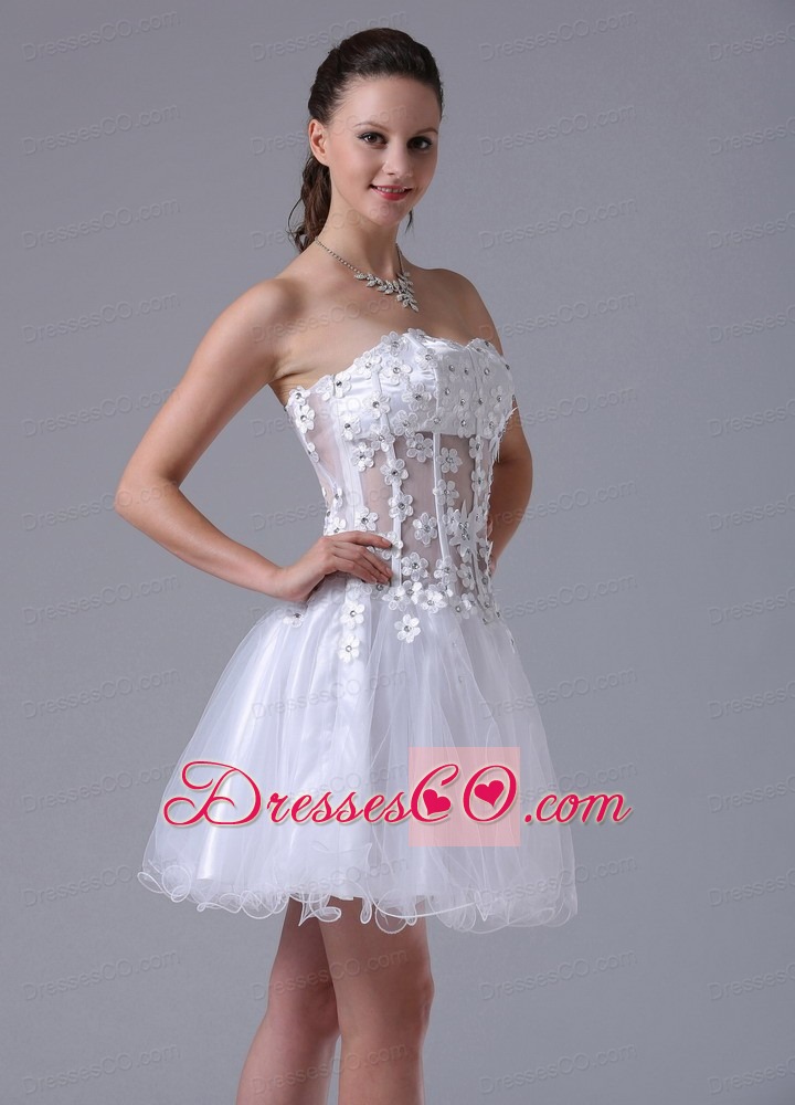 White A-line Straps Appliques Decorate Bust Prom Cocktail Dress With Beading