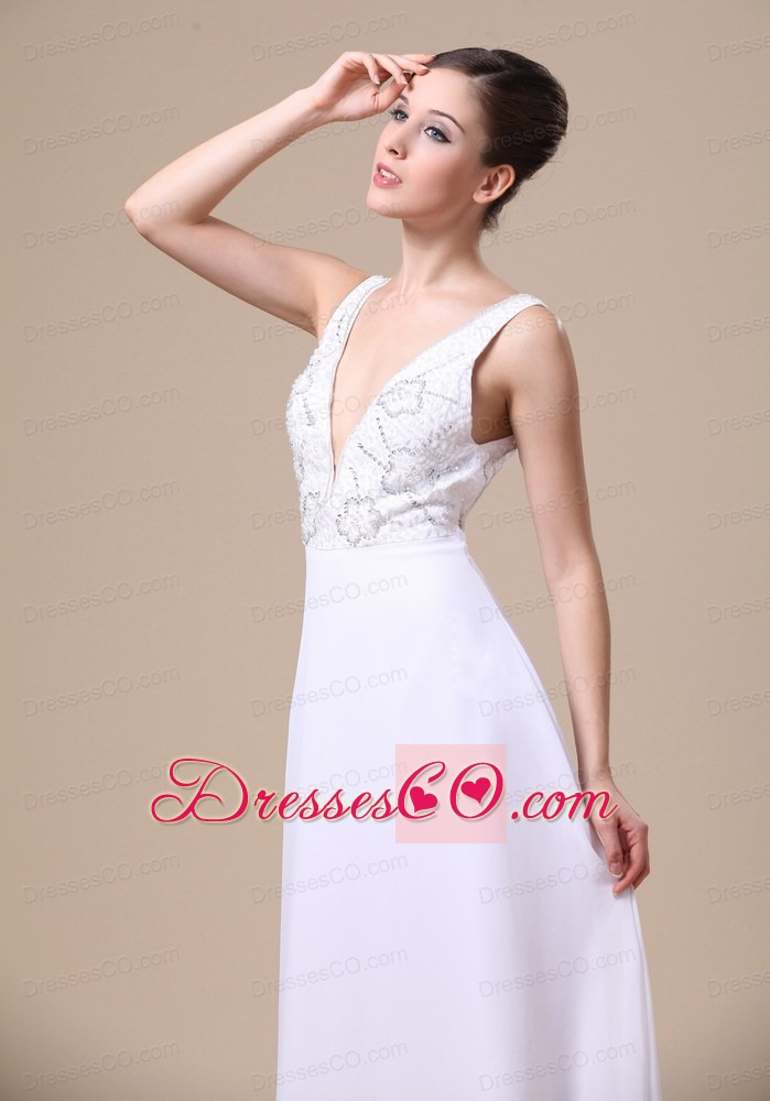 Elegant V-neck Empire Beading Chiffon Prom Dress White