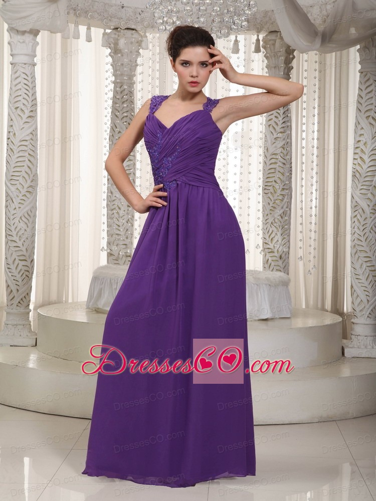 Purple Empire Straps Long Chiffon Prom Dress
