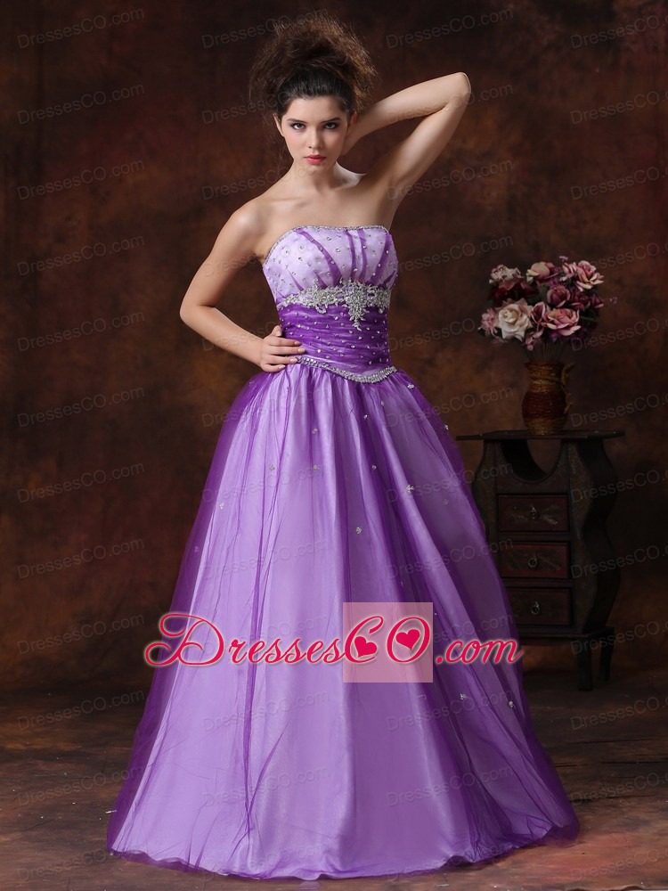 Beaded Decorate Shoulder Tulle Strapless Lavender Prom Dress