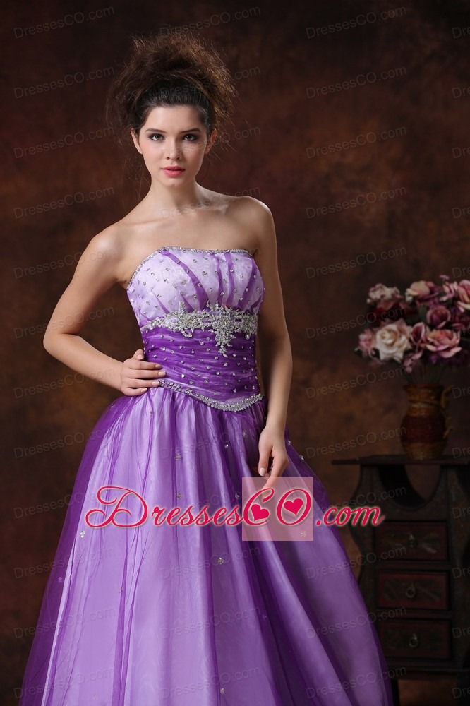 Beaded Decorate Shoulder Tulle Strapless Lavender Prom Dress