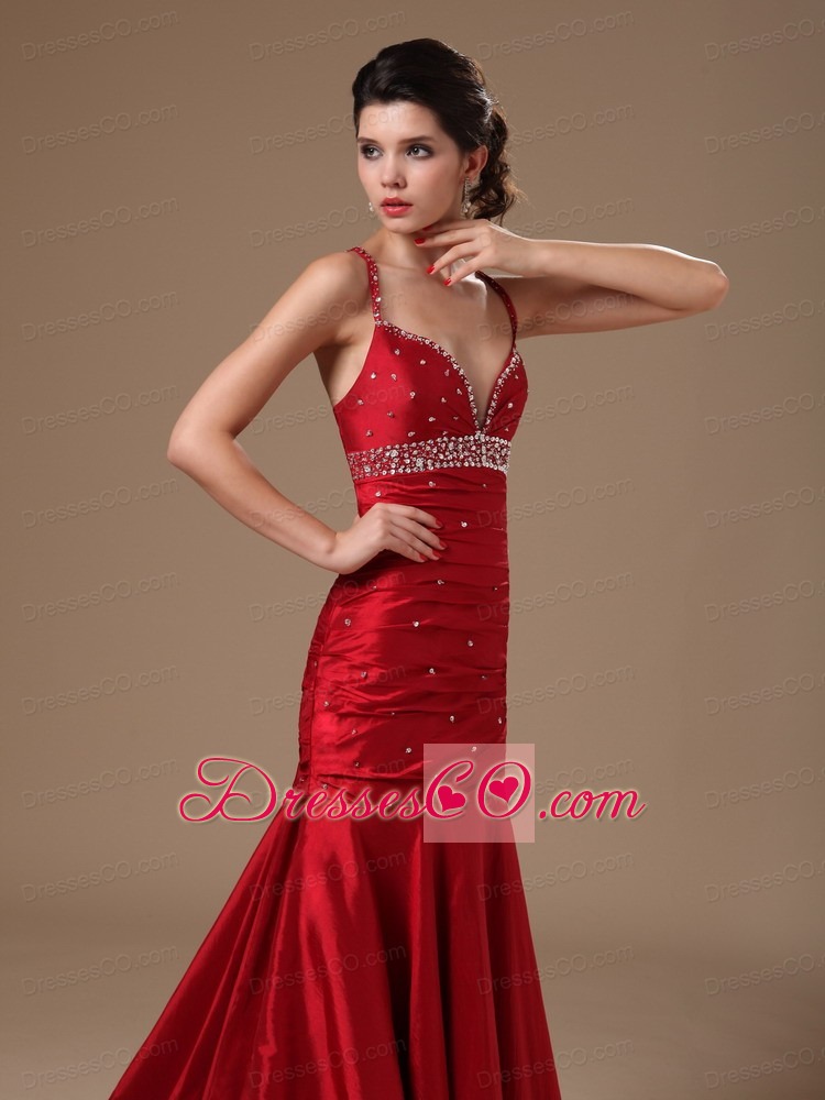 Wine Red Taffeta Mermaid Sweep Hottest Beaded Prom Celebrity Gowns For Custom Made